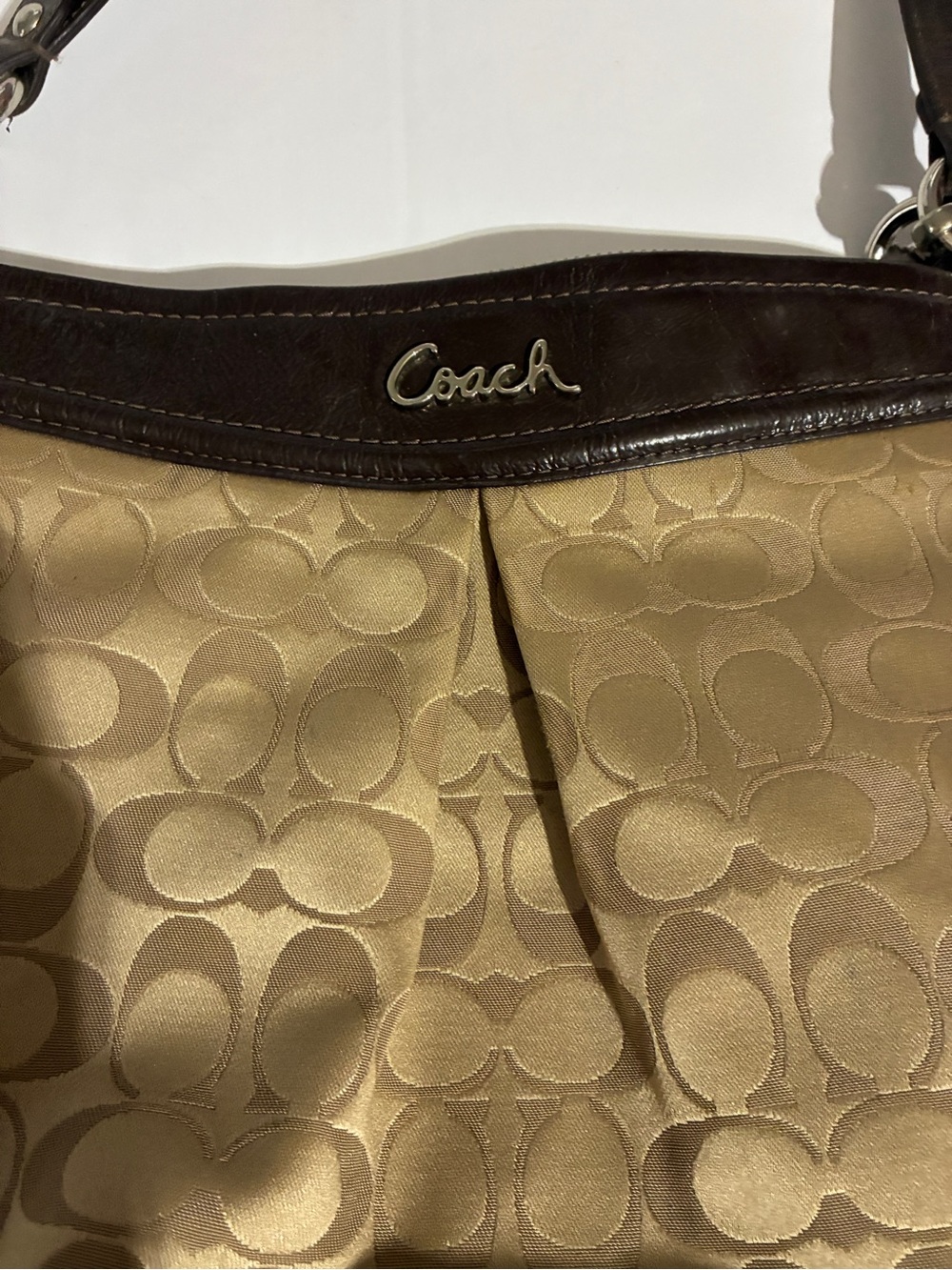 Coach Tan Jacquard Shoulder Bag with Brown Leather Trim